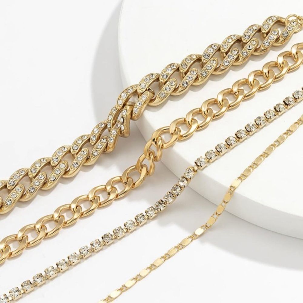 4-Piece Inlaid Rhinestone Bling Gold Chain Bracelet Set - Picture 3 of 3